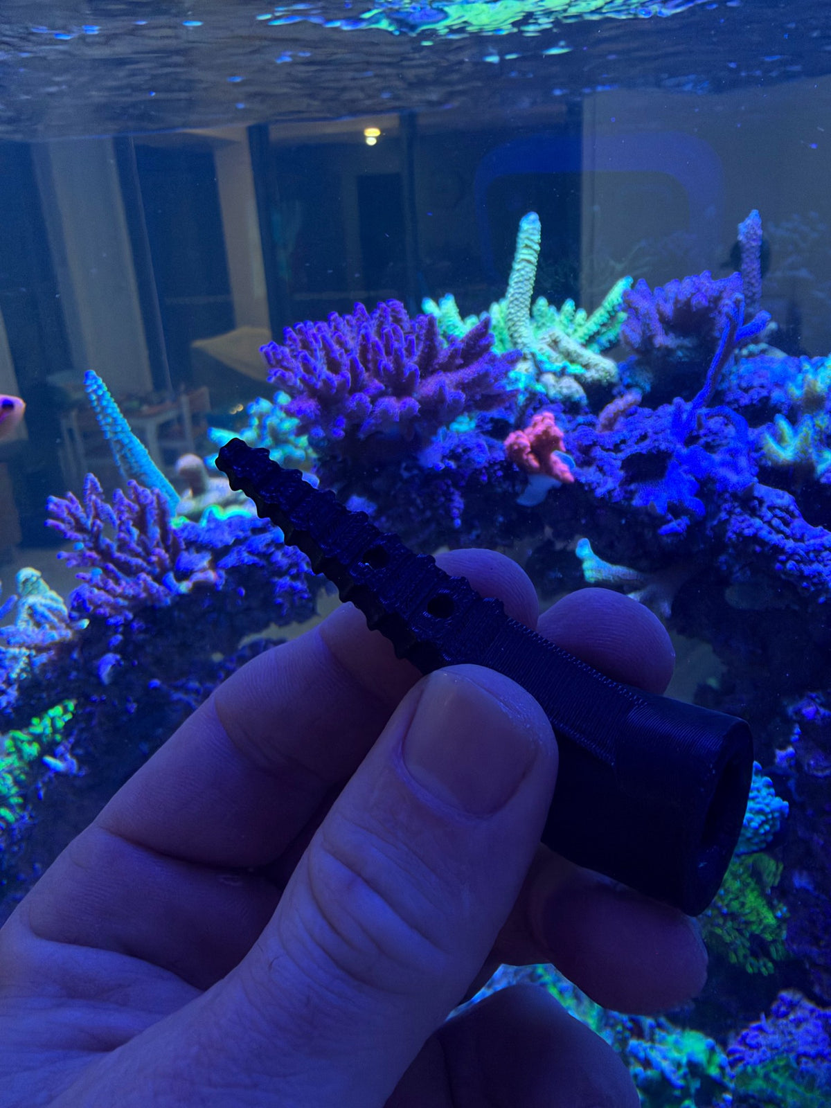 Reef Secrets black 3D printed PETG 45 degree angled frag anchor with ridged spike and holes, side view held in front of a reef tank